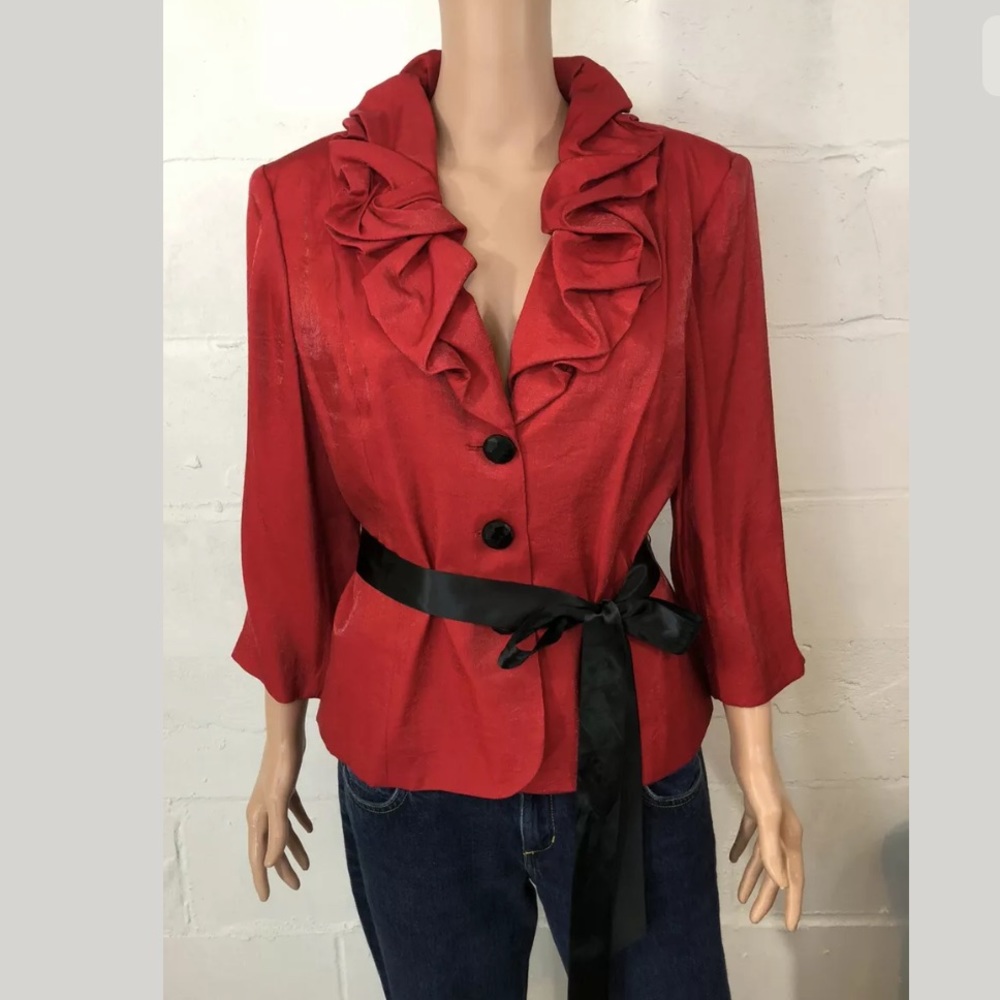 Lilianna Ruffled Neck Jacket Red Belted 3/4 Sleeve